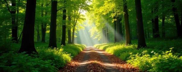 Fototapeta premium Pathway amidst trees with scattered sunlight filtering through leaves, nature, foliage, forest floor