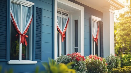 Charming Blue House Facade with Beautifully Draped Curtains