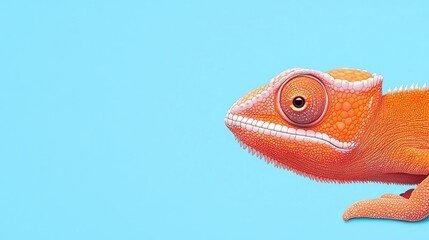 Vibrant orange chameleon on a bright blue background, showcasing its unique features and colors