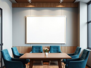 A mockup of office wall art featuring a corporate design displayed in a meeting room setting, interior design, conference room, workspace