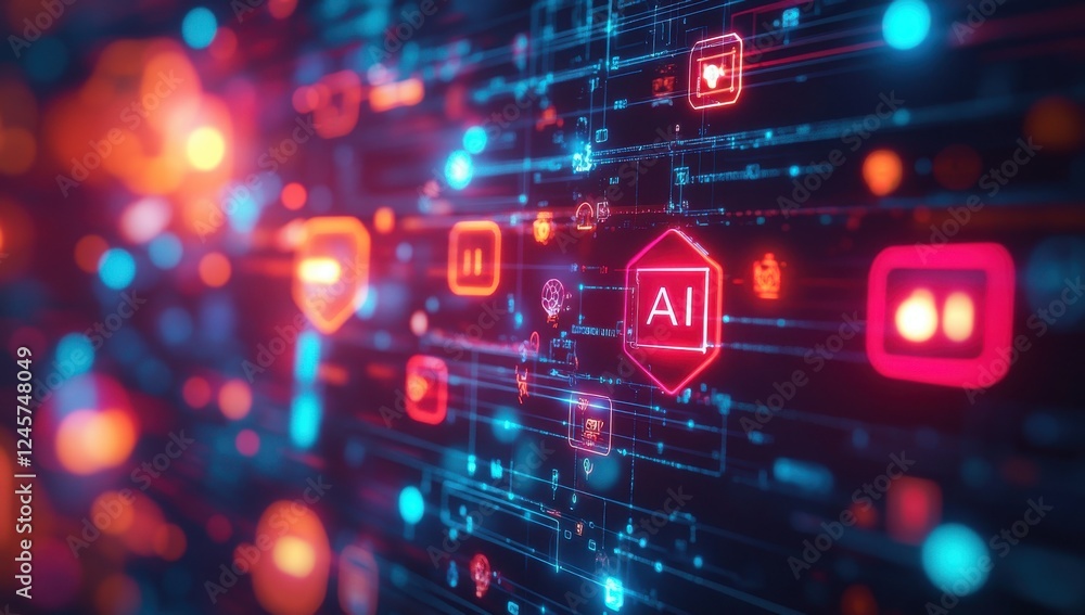 Poster futuristic digital interface with ai technology icons and neon lights illustrating artificial intell
