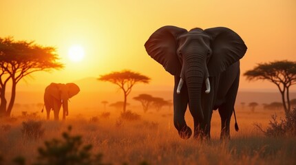 Obraz premium Majestic African Elephant Walking Through a Golden Savannah at Sunset. World wildlife day. Generated AI