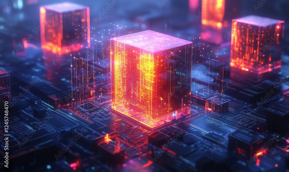 Poster futuristic digital landscape with glowing cubes and circuit board patterns illustrating advanced tec