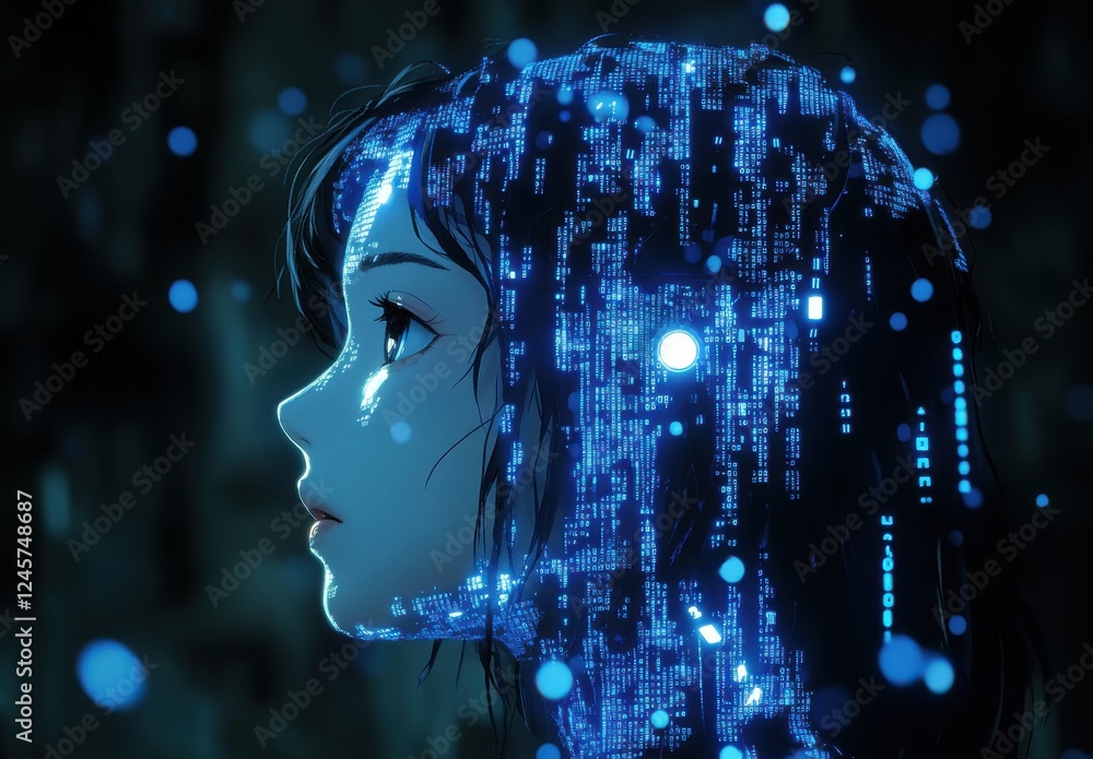 Poster futuristic digital portrait of a woman with binary code and glowing elements representing technology