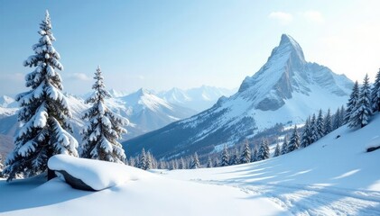 Snowy mountain peak with trees and rocky terrain under a bright white sky, landscape, winter, forest