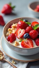 Bowl of fresh berries with yogurt and granola, healthy breakfast , delicious, colorful, bowl