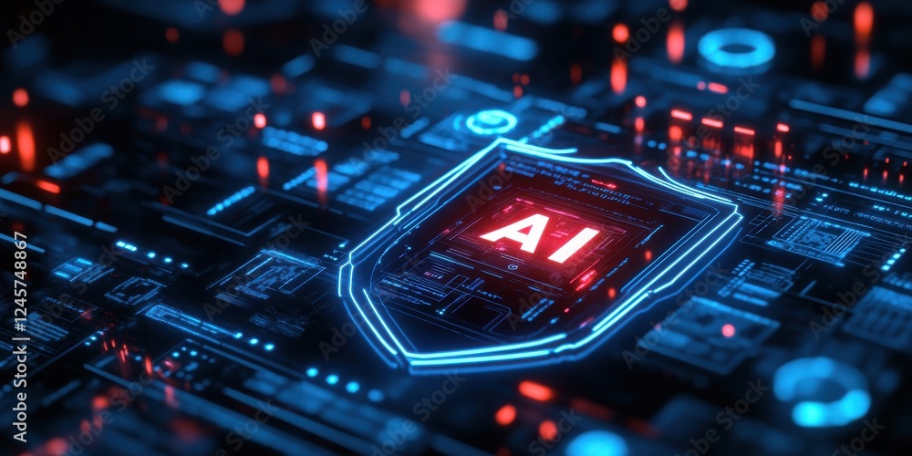 Poster futuristic digital shield with glowing ai letters on high-tech circuit background, representing arti