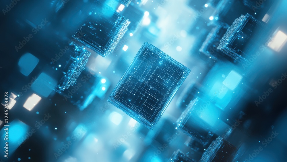 Aufkleber futuristic digital technology background with glowing cubes and particles in a blue and teal color p