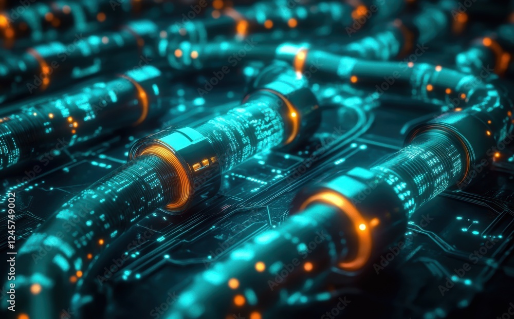 Poster futuristic digital technology representation with blue and orange tubes and circuit patterns on a da