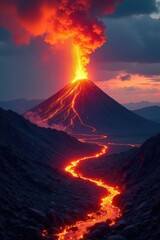 Volcanic landscape illuminated by erupting magma column, molten rock, fiery sky