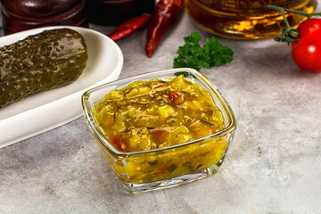 Souce gherkin relish with marinated cucumbers