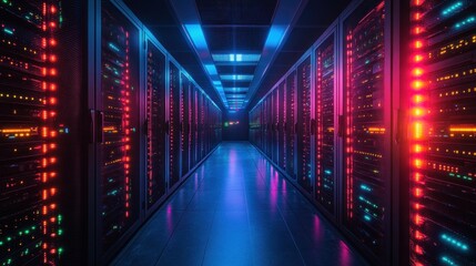High-Tech Data Center Animation with Server Racks LED Lights and Cyberpunk Aesthetics