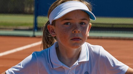 Young athlete with freckles focused on the tennis court, showcasing determination and passion for the game under the warm sun in a vibrant sporting environment