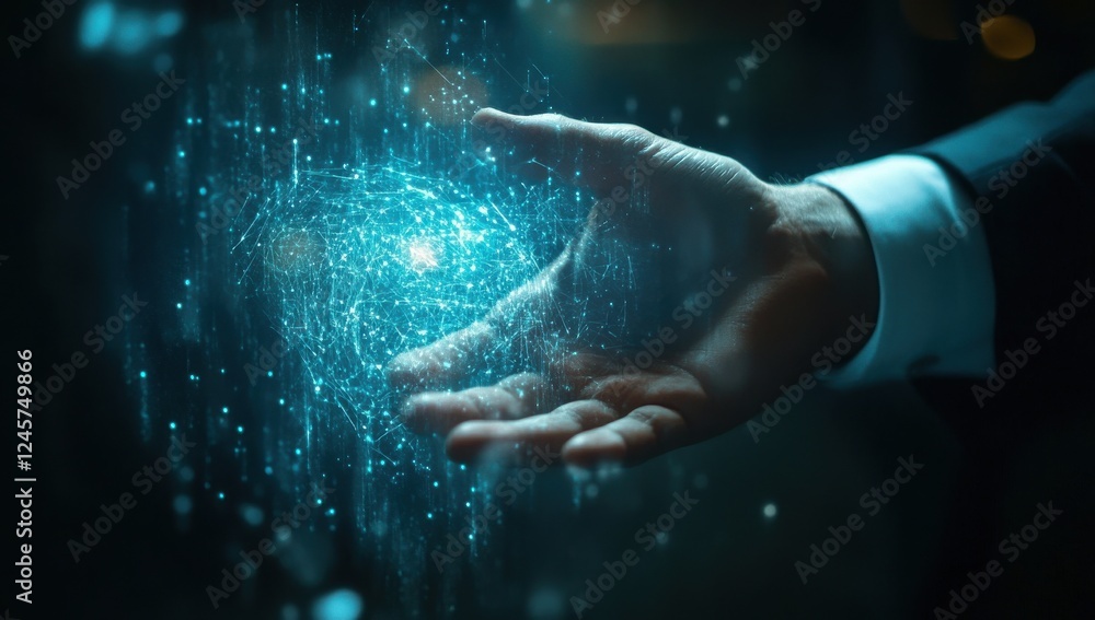 Poster futuristic hand reaching out to digital connection with floating particles representing technology a