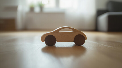 Wooden toy car, simple vintage design, smooth polished texture, neutral minimal background