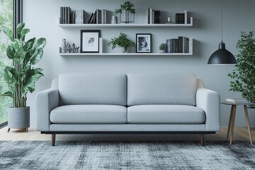 Stylish and simple living room with grey sofa, black lamp, white bookcase, family photos, and cozy atmosphere, perfect for home decor inspiration.