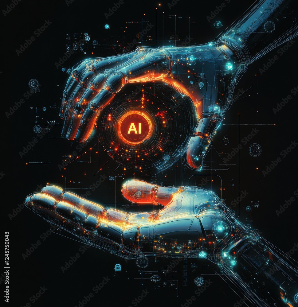 Poster futuristic hands interacting with artificial intelligence symbol in a high-tech digital environment