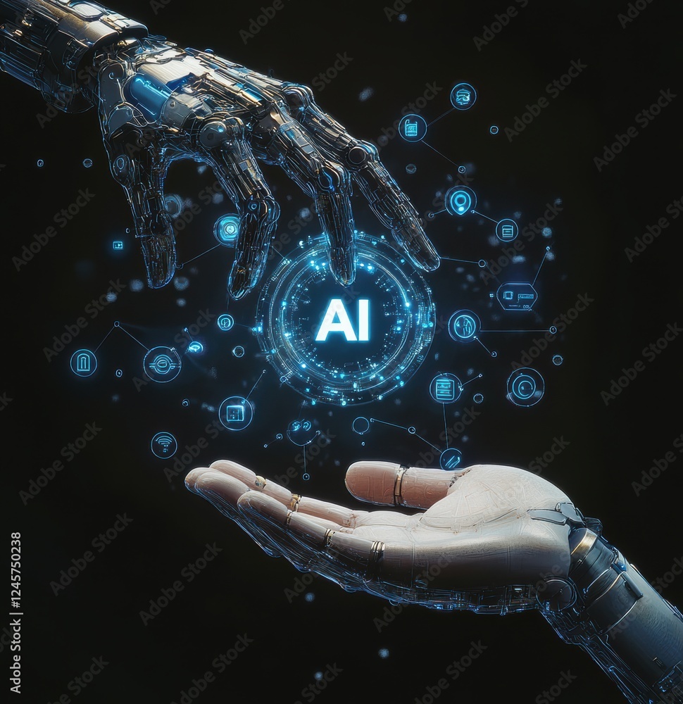 Poster futuristic human and robot hands interacting with artificial intelligence in a digital environment r