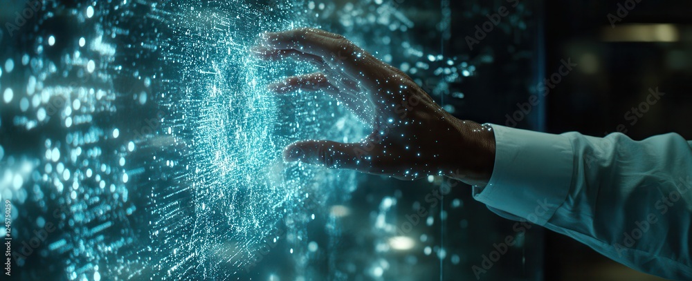 Poster futuristic human interaction with digital data visualization and holographic technology in a modern 