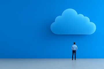 Obraz premium Businessman contemplating a large blue cloud symbolizing cloud computing.