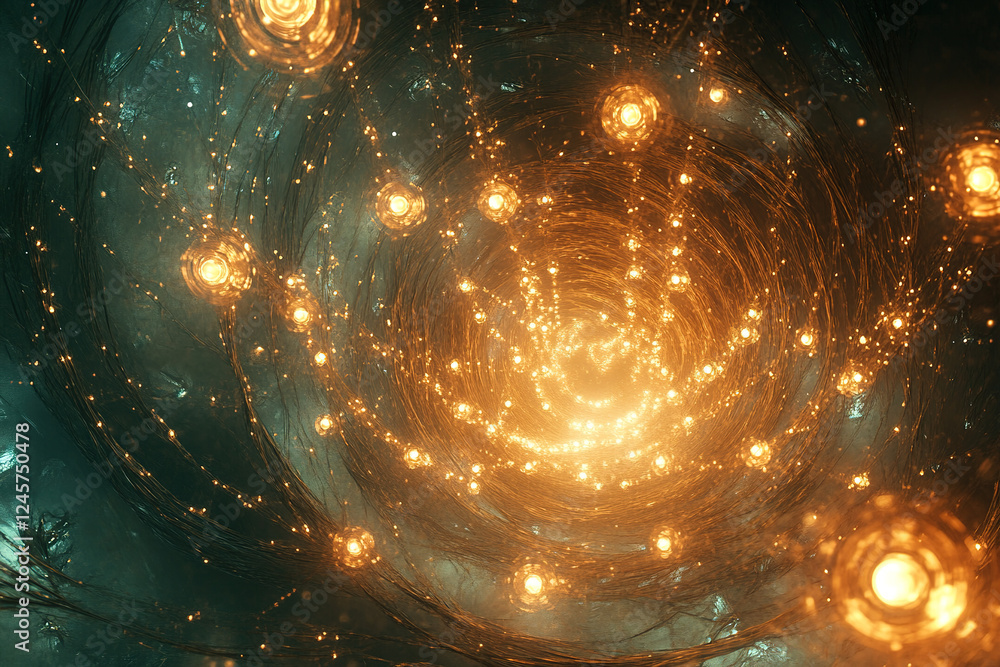 Poster dynamic minimalist interpretation of quantum concepts featuring glowing orbs and swirling energy pat