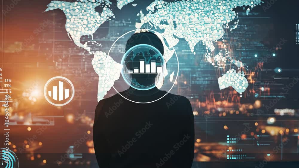 Poster silhouette analyzing global data with futuristic graphs and world map interface