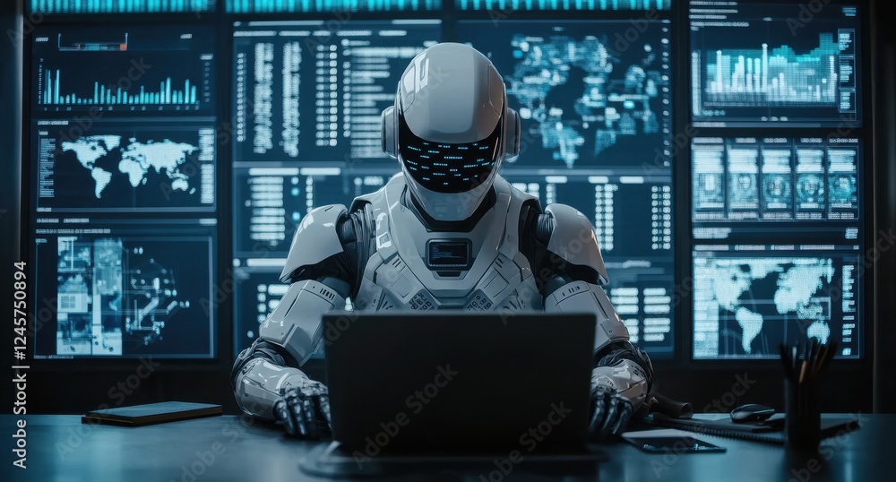 Poster futuristic humanoid robot working on a laptop in a high-tech control room with glowing screens and d