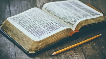 Obraz premium Open Book with Text on Wooden Table Next to Yellow Pencil