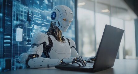 Futuristic humanoid robot working on laptop in modern tech environment showcasing advanced AI capabilities and digital interface interaction
