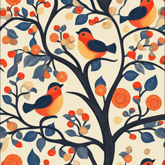 Fototapeta premium Colorful birds perched on floral tree branch