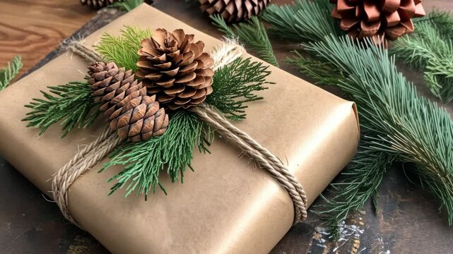 Rustic holiday gift wrapped with pine cones and evergreen on wooden table