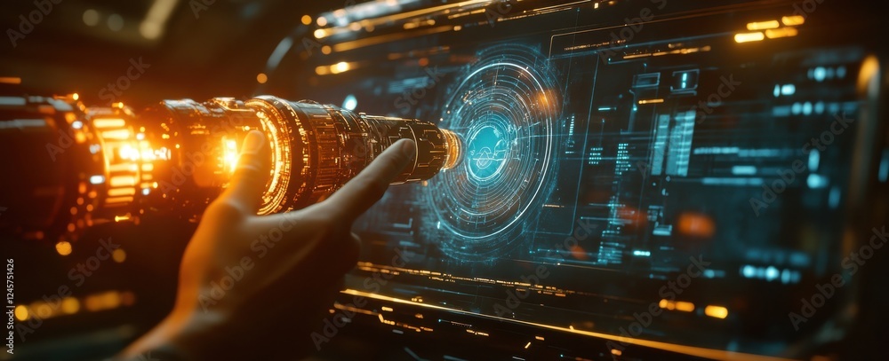 Poster futuristic interface control with holographic display and high-tech touch mechanism in a sci-fi sett