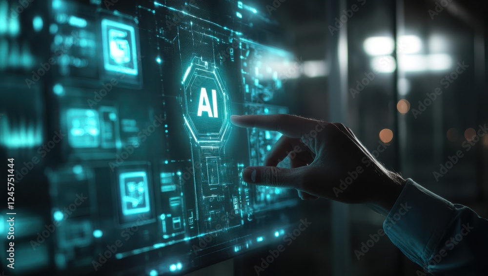 Poster futuristic interface technology with hand gesture and ai display, abstract digital interaction conce