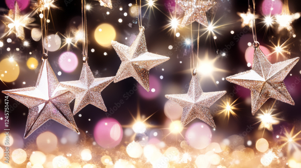Poster sparkling stars with bokeh lights in festive background