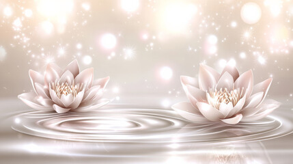 Two lotus flowers on serene water with sparkling lights