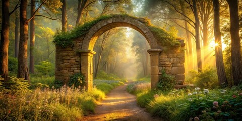 Obraz premium Golden sunbeams illuminate a pathway through a mystical forest, framed by an ancient stone archway, overgrown with vibrant foliage.