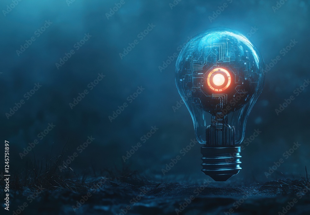 Poster futuristic light bulb with circuit patterns in a mysterious dark environment highlighting technology