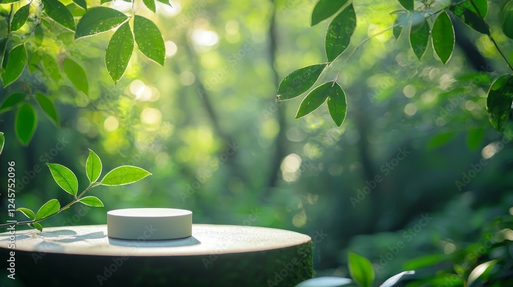Poster a smooth stone pedestal stands surrounded by vibrant green foliage, as gentle sunlight streams throu