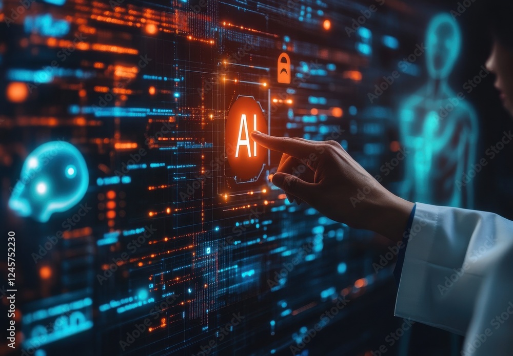 Poster futuristic medical interface with ai technology, human anatomy and data visualization in a laborator