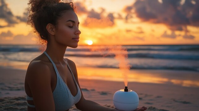 A beautiful woman is meditating quietly on the beach at sunset while inhaling the aroma from a diffuser.