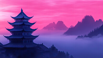 Serene Asian Pagoda at Sunrise Over Misty Mountains