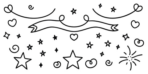 Hand-Drawn Celebration Elements: Stars, Hearts, Banner, Swirls, and Sparkles - Cute Doodle Style for Festive Designs and Decorations
