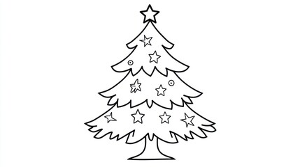 Simple line drawing Christmas tree, stars, holiday decoration, white background, coloring book