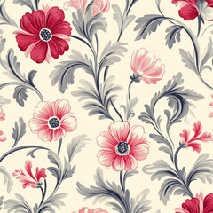 Floral pattern with red and pink flowers on cream background