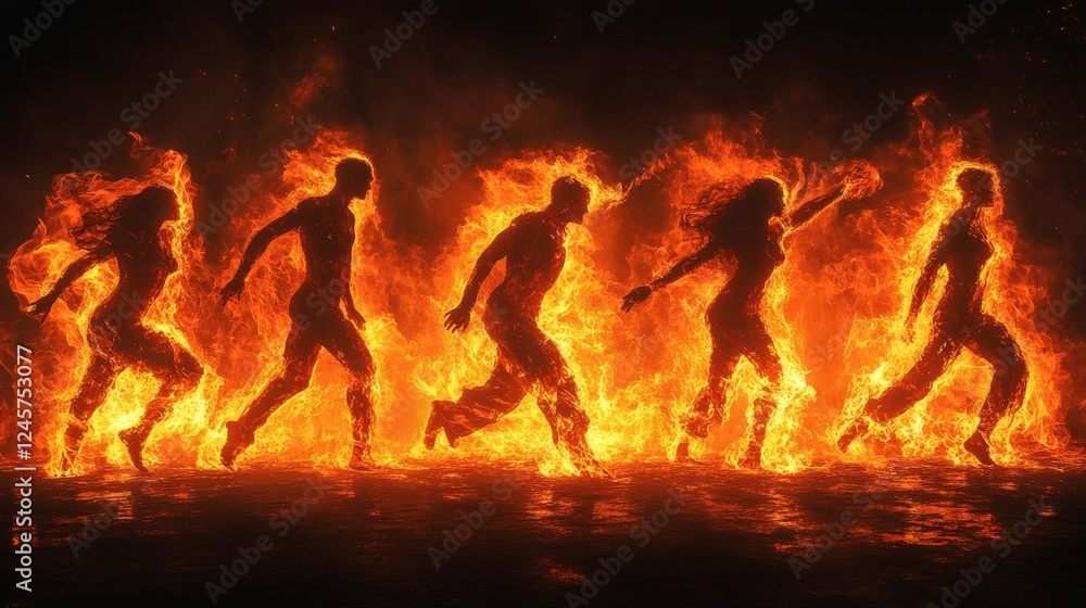Poster highresolution silhouettes of dancers twisting realistic lava with distorted forms and glowing edges