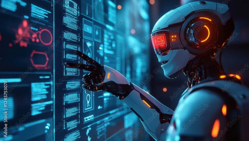 Poster futuristic robot analyzing data with glowing interface in a high-tech environment, showcasing artifi