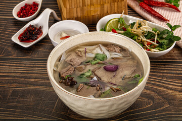 Vietnamese Pho Bo soup with beef and noodles