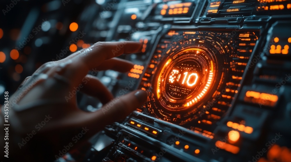 Poster futuristic interface: a hand interacts with a glowing high-tech control panel