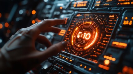 Obraz premium Futuristic Interface: A Hand Interacts with a Glowing High-Tech Control Panel