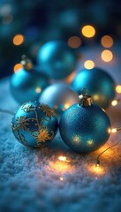 Obraz premium Blue and gold ornaments on a frosted glass table with Christmas lights, decorations, blue, lights